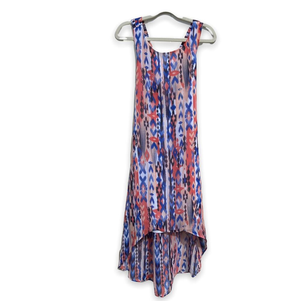 Tween Diva Girls Dress Size 7 Maxi Ikat Blue Orange Peach Black Print Cross Back